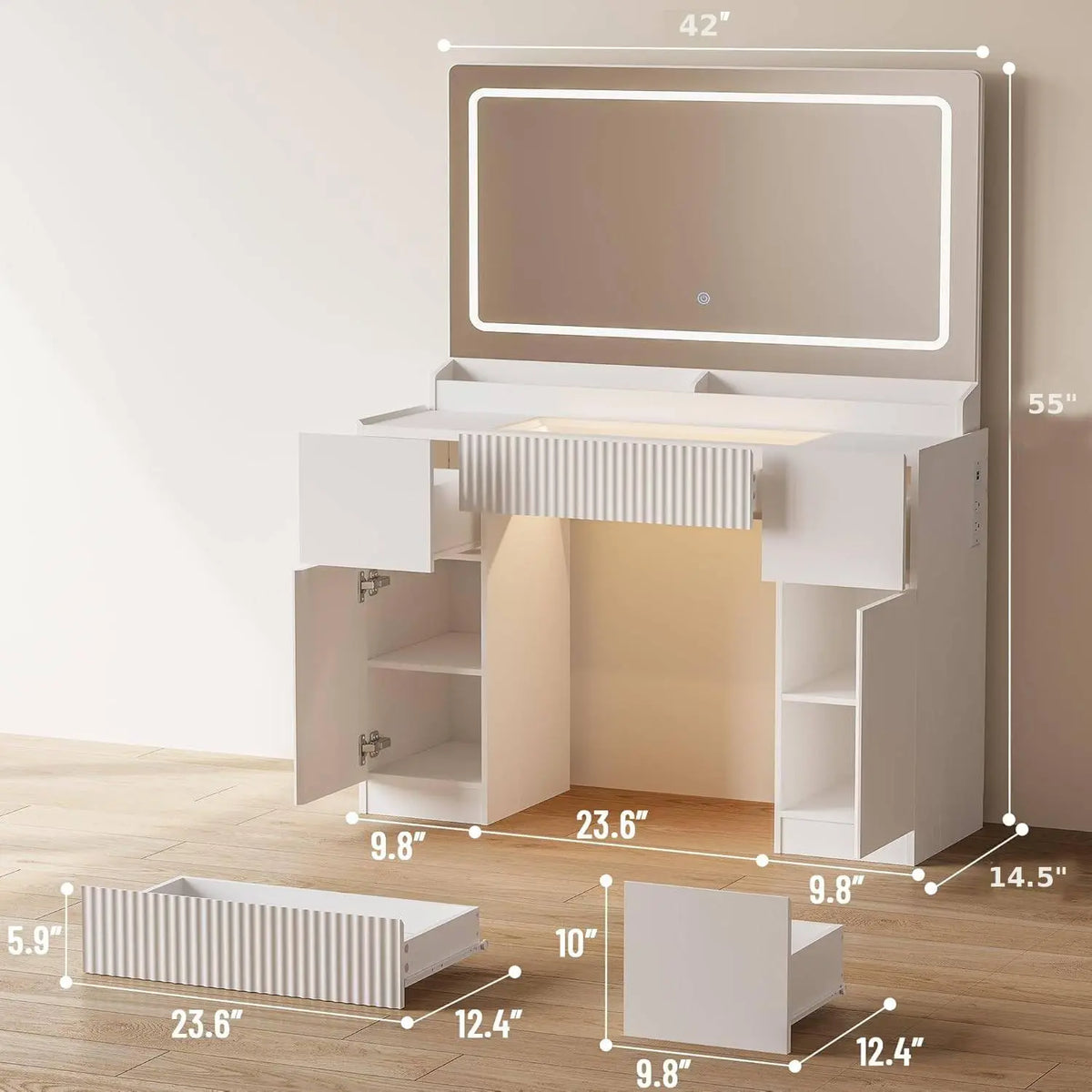 44 Inch Vanity Desk with LED Mirror & Power Outlet — view 3