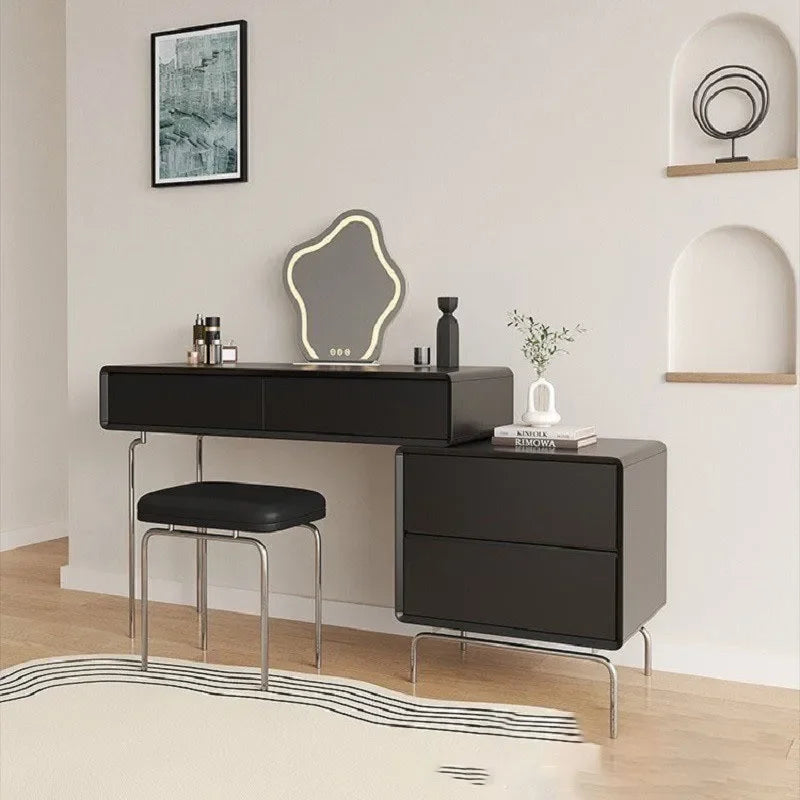 Luxury Makeup Vanity Desk with Mirror and Lights, Dressing Table with Stool Stainless Steel Legs 5 Drawers, Modern Makeup Desk