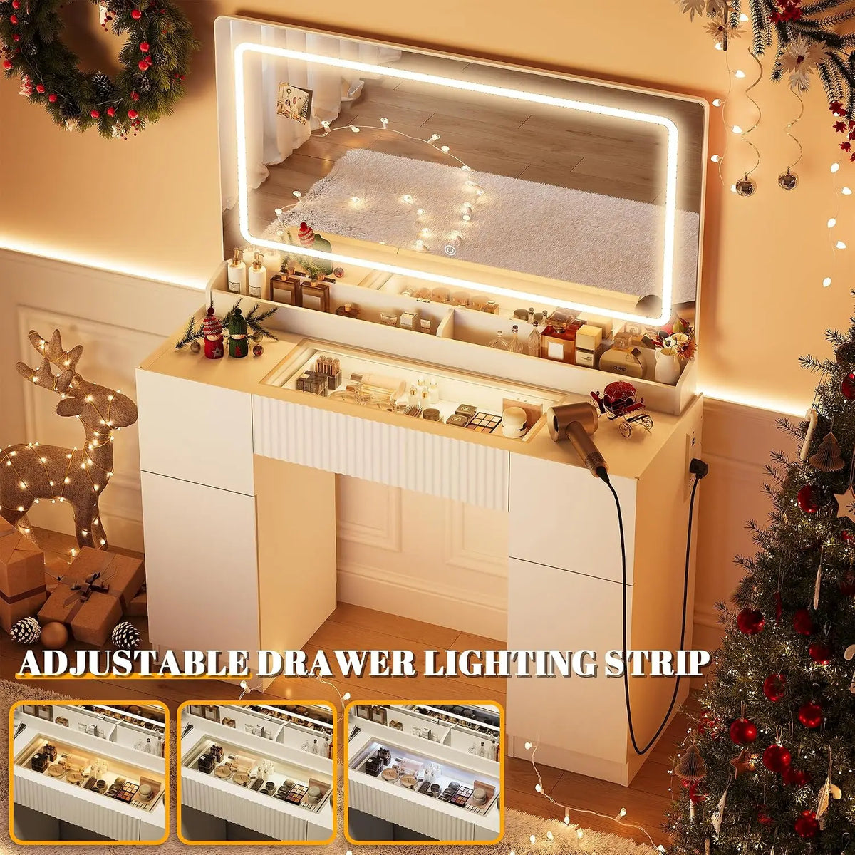 44 Inch Vanity Desk with LED Mirror & Power Outlet — Vanity Furniture, Bedroom Furniture, Storage | Beautifully Within