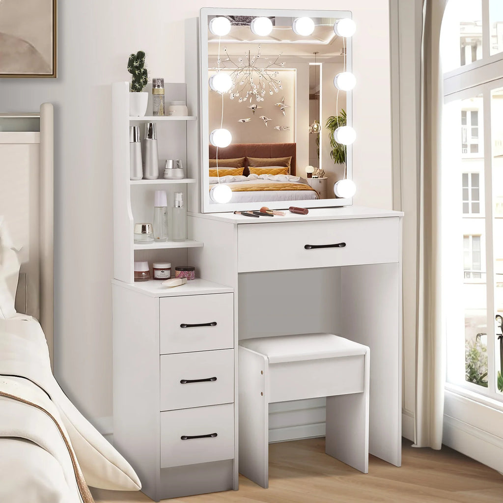 White Vanity Table Set with 3-Color LED Mirror, 4 Drawers & Stool
