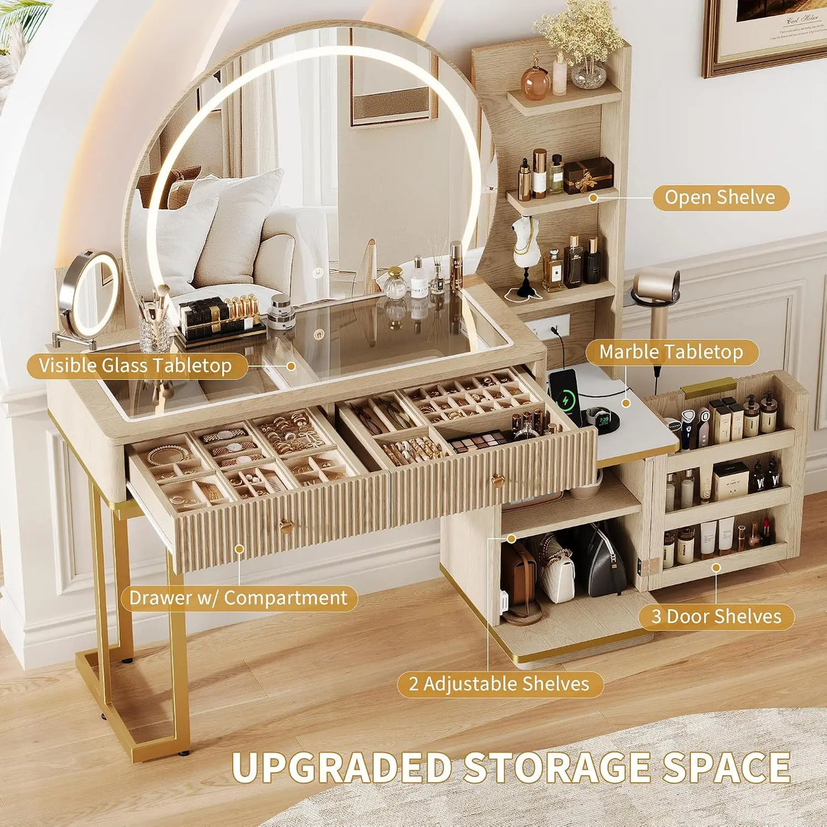 Vanity Desk with Magnifying Mirror & Glass Top