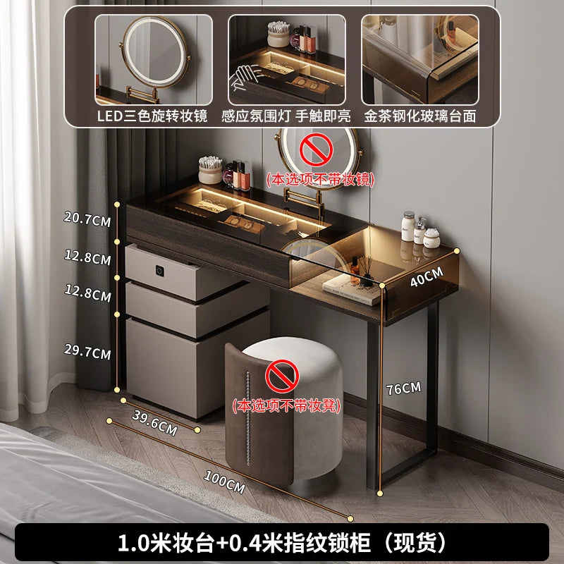 Modern Glass-Top Vanity Table with Wood Drawer