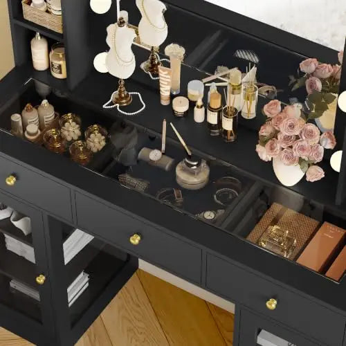 Noir Glass-Top Vanity Desk with Lighted Mirror