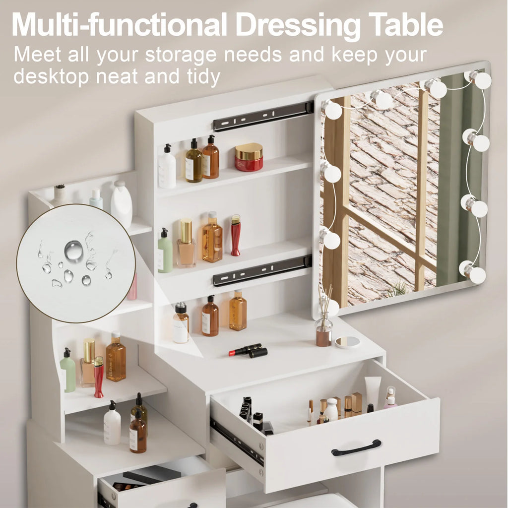 White Vanity Table Set with 3-Color LED Mirror, 4 Drawers & Stool