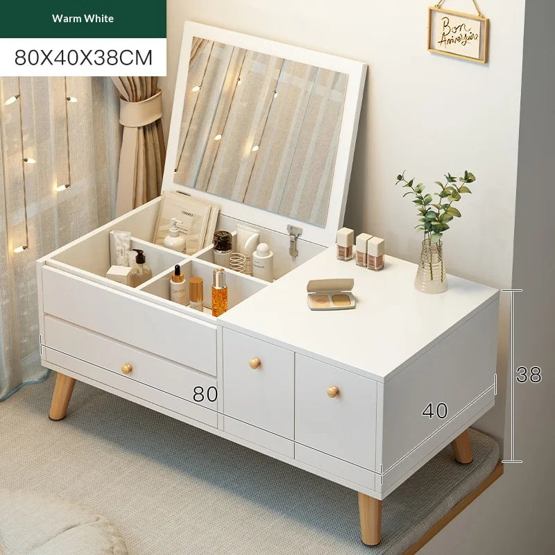 Window Seat Vanity Table with LED Mirror & Storage Drawers