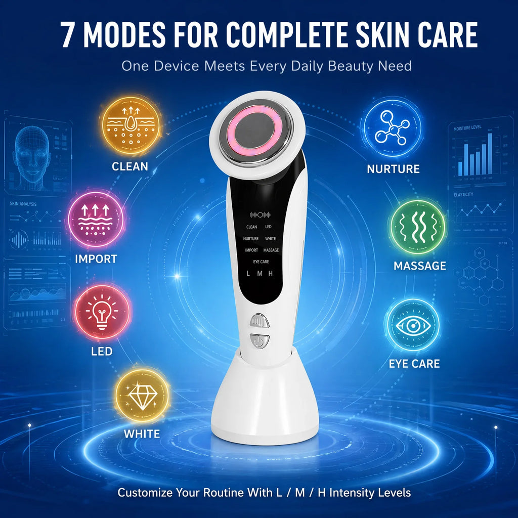 7 In 1 LED Light Therapy Facial Massager Serum Infusion Rechargeable Device
