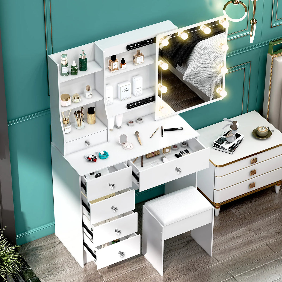 LED Makeup Vanity Set with Sliding Mirror, 6 Drawers & Stool