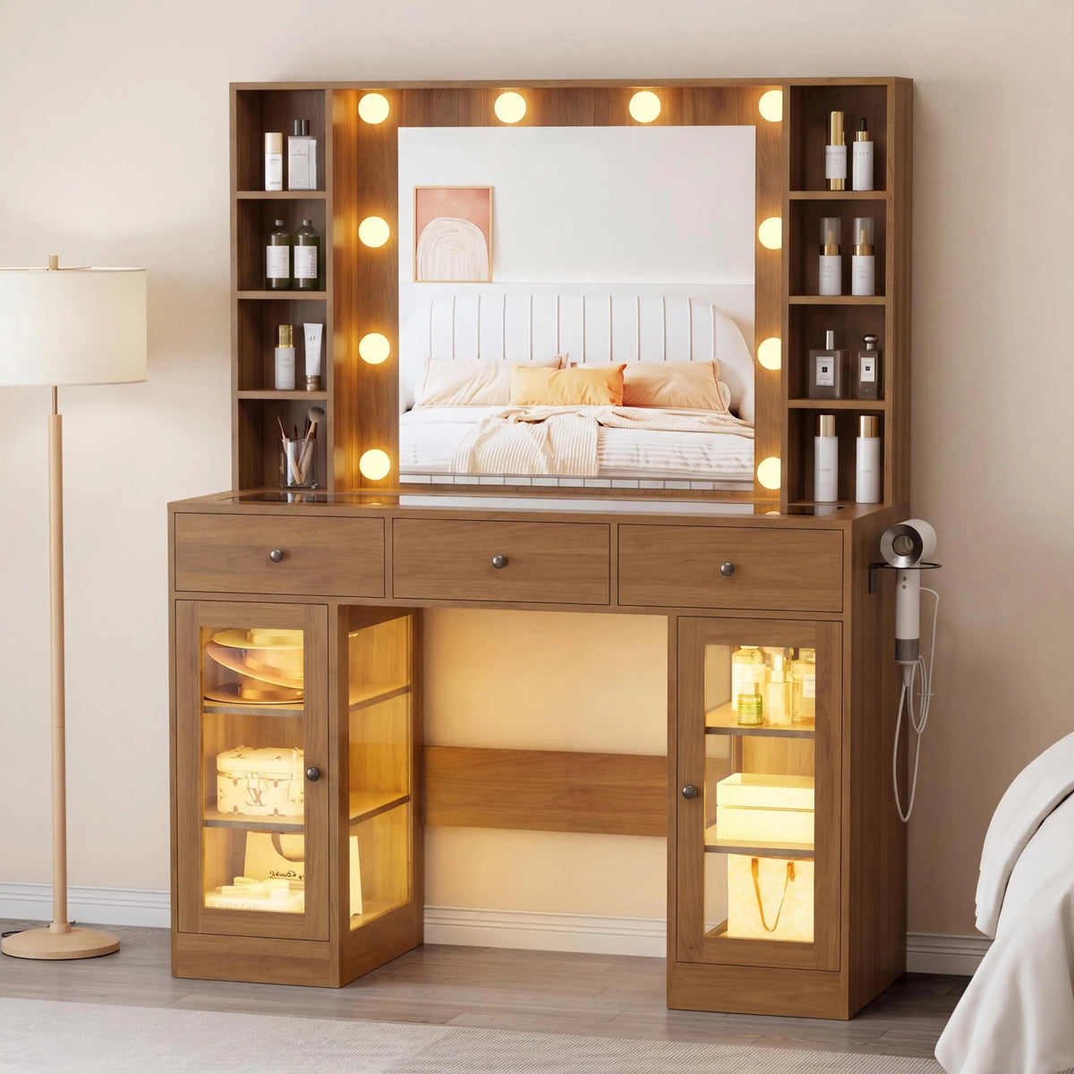 Noir Glass-Top Vanity Desk with Lighted Mirror