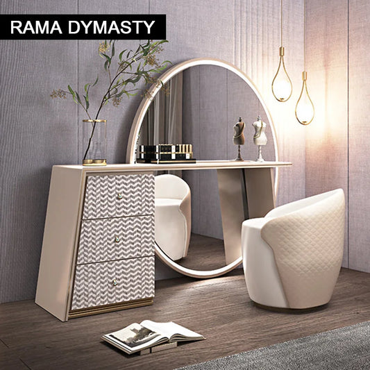 Luxury Beige Makeup Vanity Set with Side Cabinet Dressing Table with Big Mirror & Stool