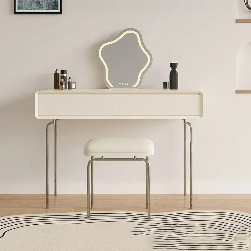 Luxury Makeup Vanity Desk with Mirror and Lights, Dressing Table with Stool Stainless Steel Legs 5 Drawers, Modern Makeup Desk