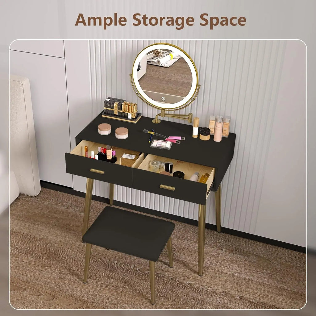 Leather-Wrapped Vanity Desk with Rotating Mirror & Stool — Vanity Furniture, Leather Vanity | Beautifully Within