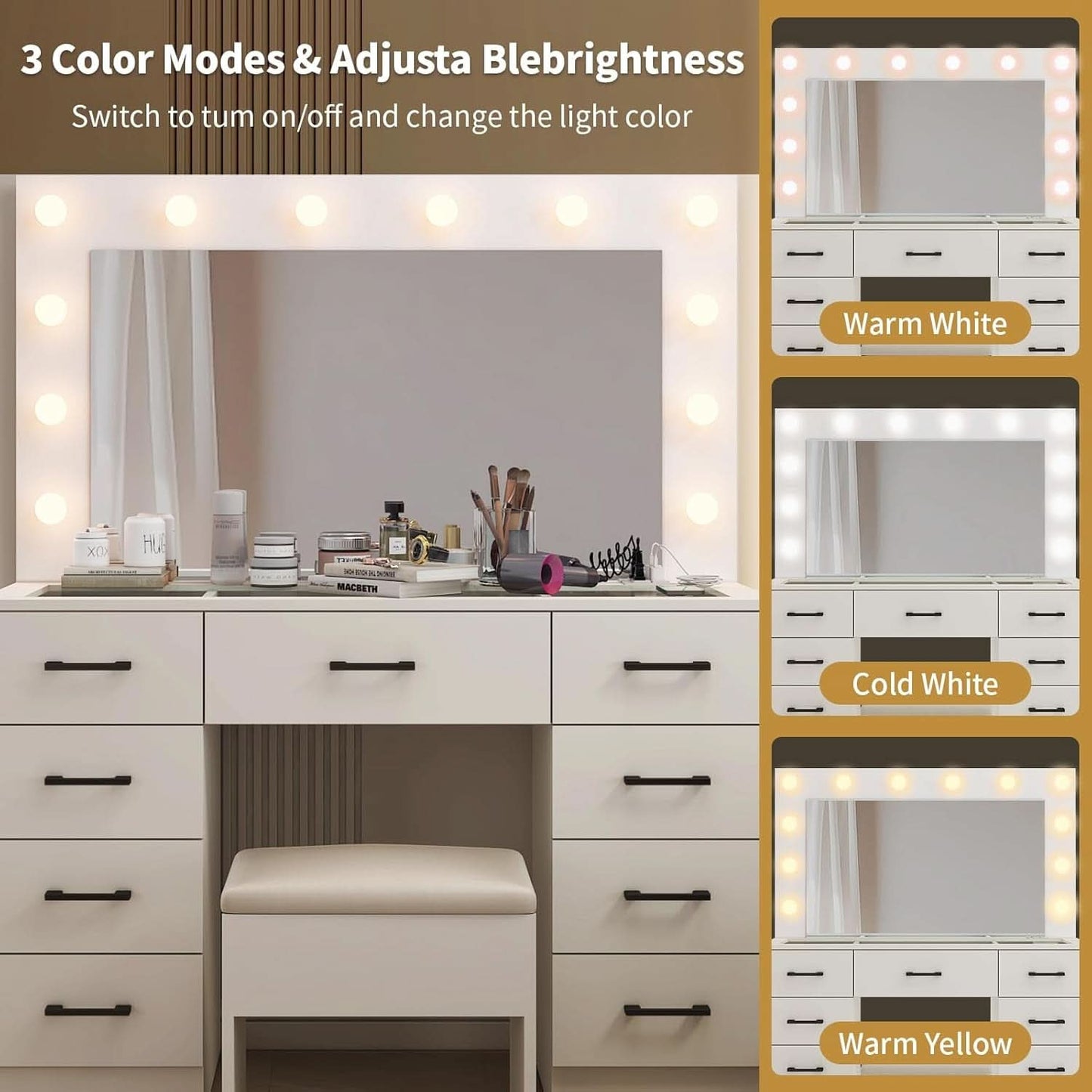 45.3 Vanity Desk With Glass Table top Illuminated White
