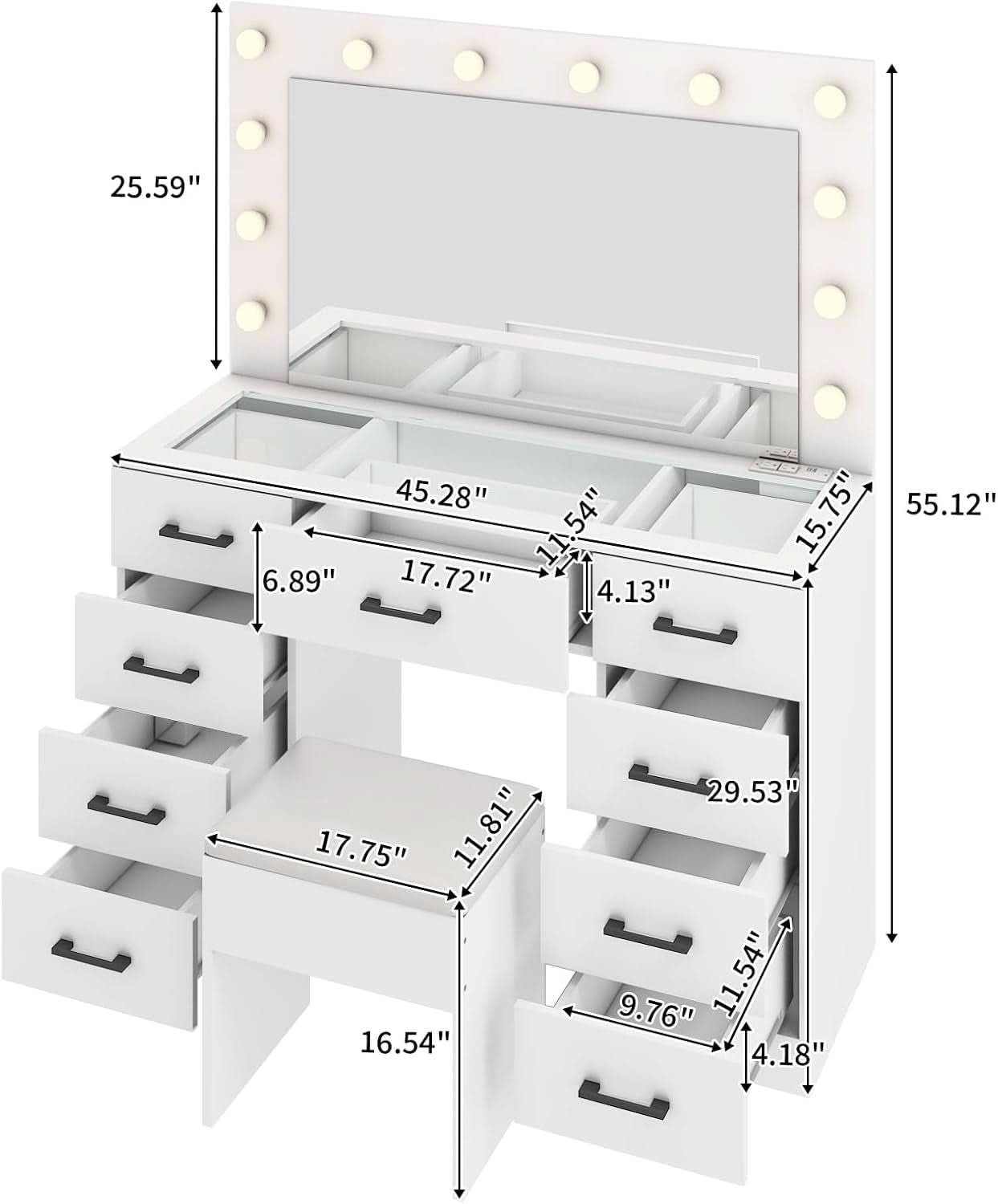 45.3 Vanity Desk With Glass Table top Illuminated White