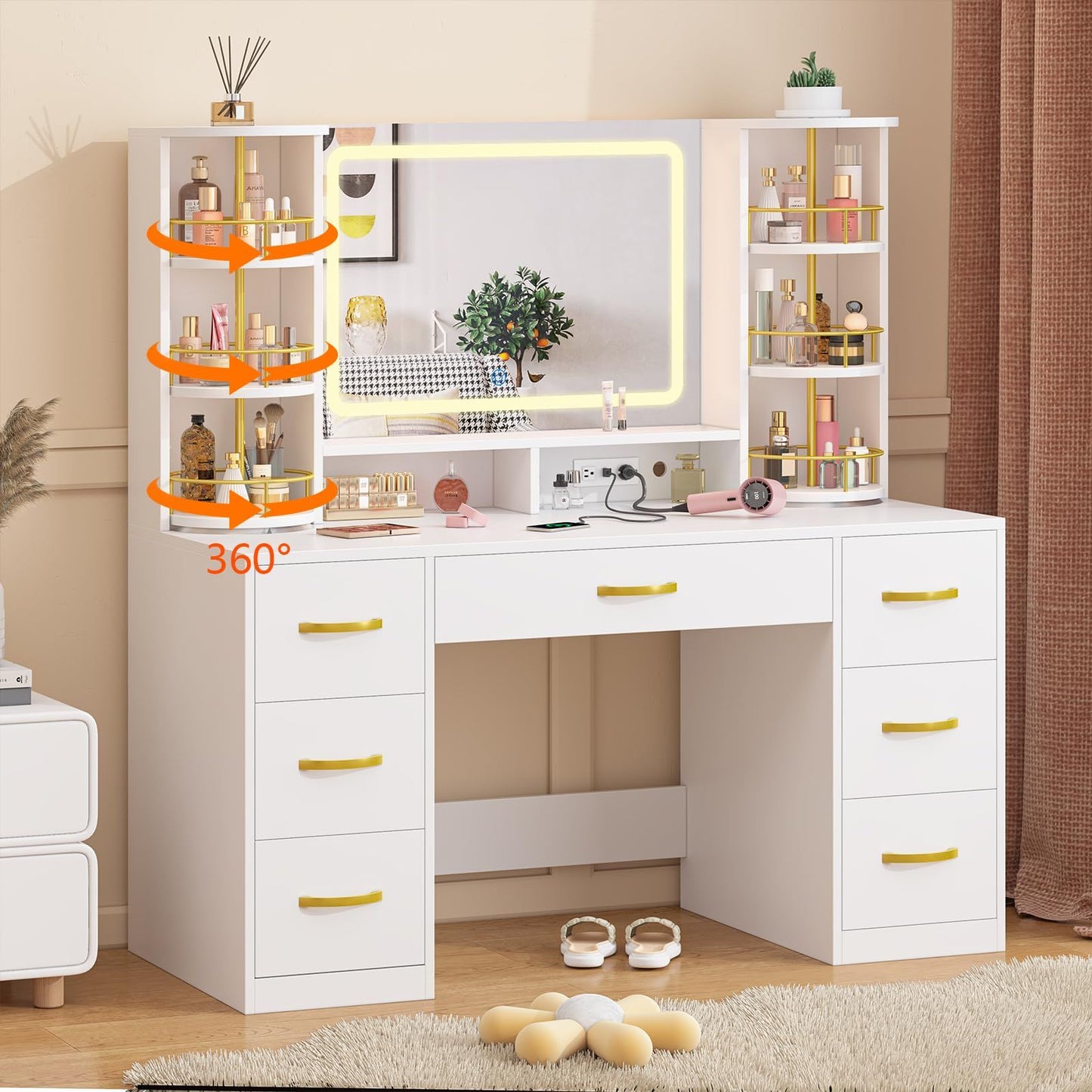 Professional Makeup Artist Vanity Station 360° Rotating Mirror White