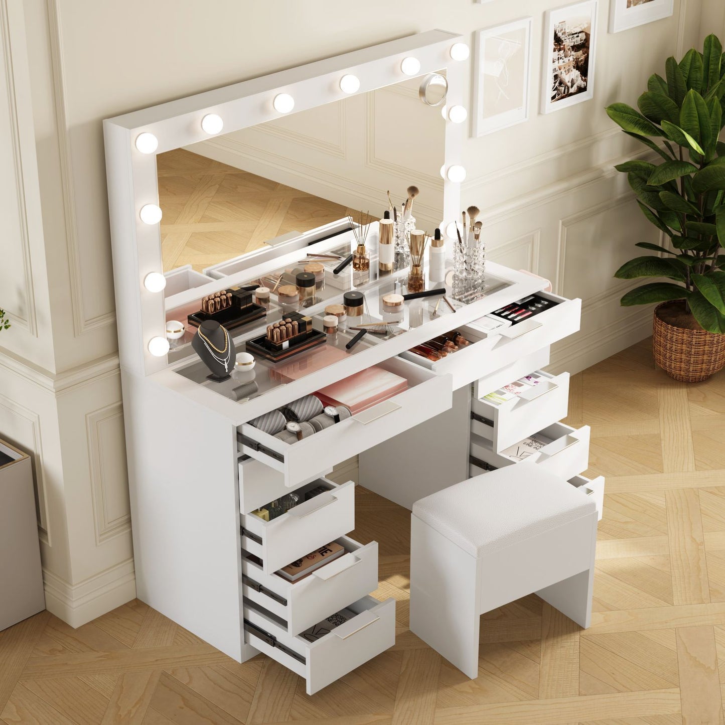 Luxe Modern Vanity Table Smart LED Mirror 10 Drawers - White Luxury