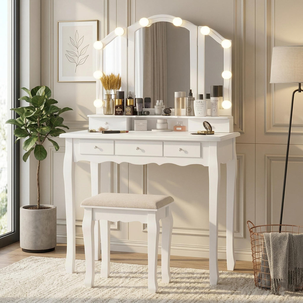 Vintage Glam Hollywood Vanity Set with Stool