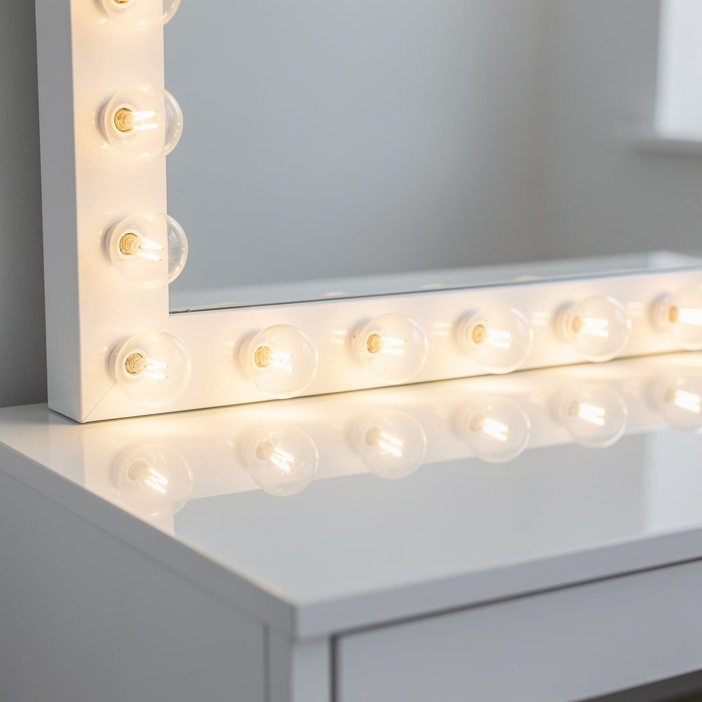 Hollywood Vanity Mirror Desk — Close-Up of 15 Dimmable LED Bulbs Detail