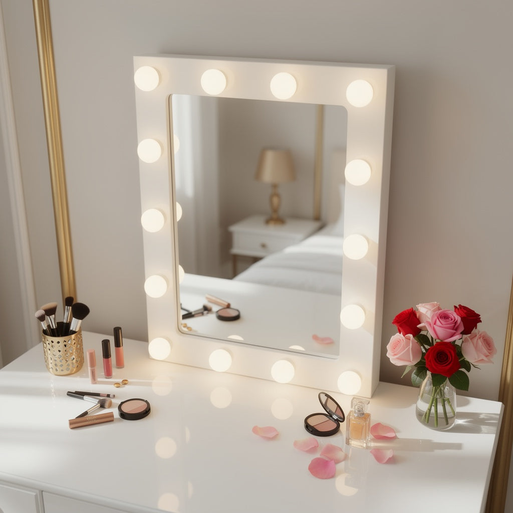 Hollywood Vanity Mirror Desk 15 LED — Luxury Bedroom Lifestyle Setting with Roses